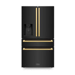 Load image into Gallery viewer, ZLINE Autograph Edition 36 in. 21.6 cu. ft. Counter-Depth French Door Refrigerator with Water and Ice Dispenser in Fingerprint-Resistant Black Stainless Steel with Polished Gold Modern Handles (RFMZ-W-36-BS-FG)