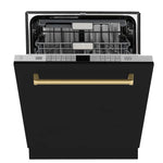 Load image into Gallery viewer, ZLINE Autograph Edition 24 in. Monument Series 3rd Rack Top Touch Control Tall Tub Dishwasher in Black Matte with Polished Gold Handle, 45dBa (DWMTZ-BLM-24-G)

