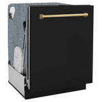 Load image into Gallery viewer, ZLINE Autograph Edition 24 in. Monument Series 3rd Rack Top Touch Control Tall Tub Dishwasher in Black Matte with Polished Gold Handle, 45dBa (DWMTZ-BLM-24-G)
