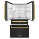 Load image into Gallery viewer, ZLINE Autograph Edition 36 in. 21.6 cu. ft. Counter-Depth French Door Refrigerator with Water and Ice Dispenser in Fingerprint-Resistant Black Stainless Steel with Polished Gold Modern Handles (RFMZ-W-36-BS-FG)
