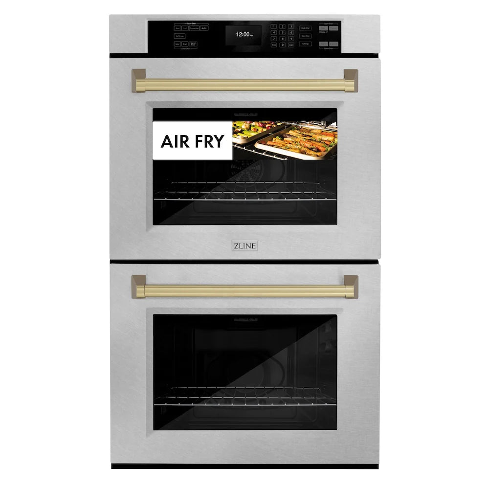 ZLINE 30 in. Autograph Edition Professional True Convection Double Wall Oven with Air Fry and Self Clean in Satin Stainless Steel with Champagne Bronze Handles (WADSZ-30-CB)