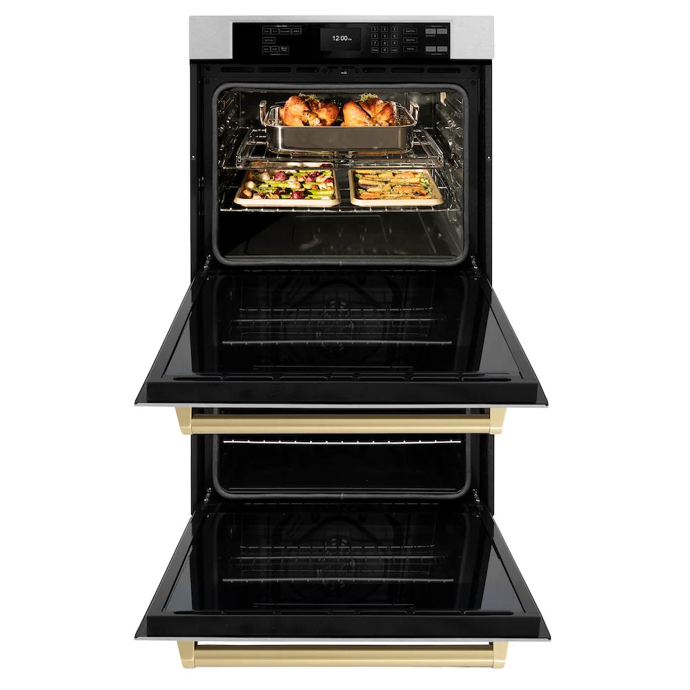 ZLINE 30 in. Autograph Edition Professional True Convection Double Wall Oven with Air Fry and Self Clean in Satin Stainless Steel with Champagne Bronze Handles (WADSZ-30-CB)