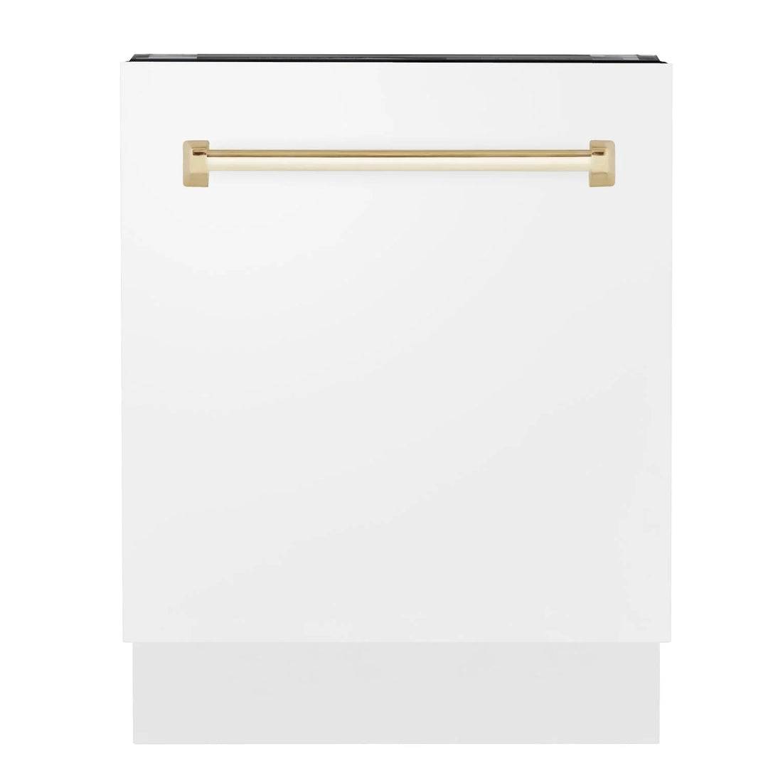ZLINE Autograph Edition 24 in. 3rd Rack Top Control Tall Tub Dishwasher in White Matte with Polished Gold Accent Handle, 51dBa (DWVZ-WM-24-G)