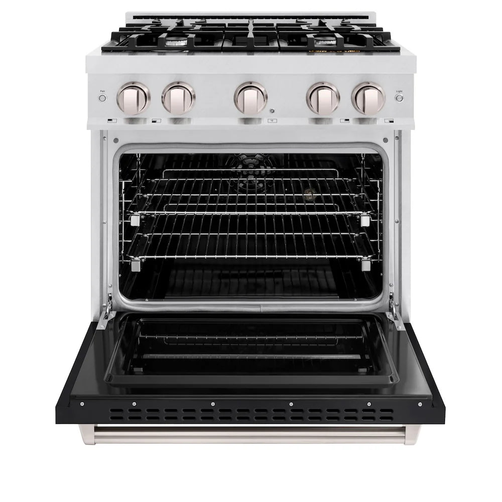 ZLINE 30 in. 4.2 cu. ft. Classic Dual Fuel Range with 4 Burner Gas Cooktop and Electric Convection Oven in Satin Stainless Steel with Black Matte Door (CDRS-BLM-30)
