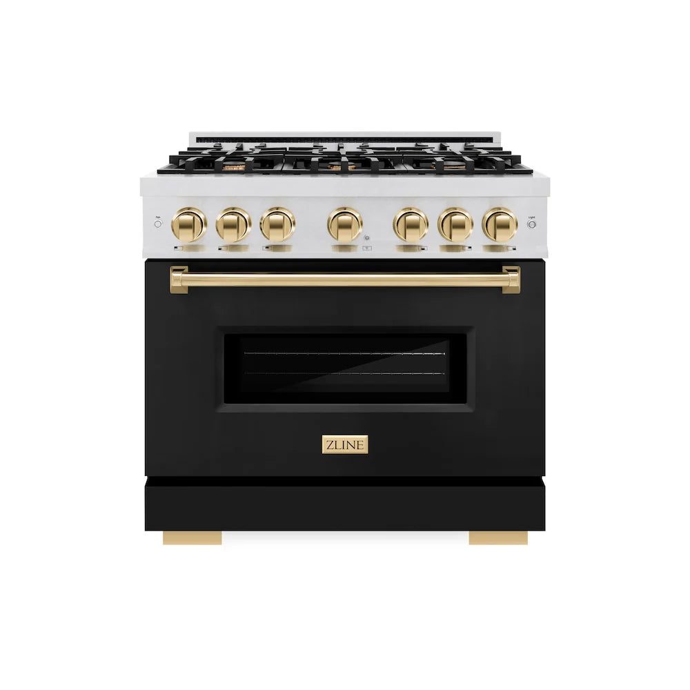 ZLINE Autograph Edition 36 in. 5.2 cu. ft. Classic Dual Fuel Range with 6 Burner Gas Cooktop and Electric Convection Oven in Satin Stainless Steel with Polished Gold Accents (CDRSZ-36-G)