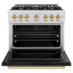 Load image into Gallery viewer, ZLINE Autograph Edition 36 in. 5.2 cu. ft. Classic Dual Fuel Range with 6 Burner Gas Cooktop and Electric Convection Oven in Satin Stainless Steel with Polished Gold Accents (CDRSZ-36-G)
