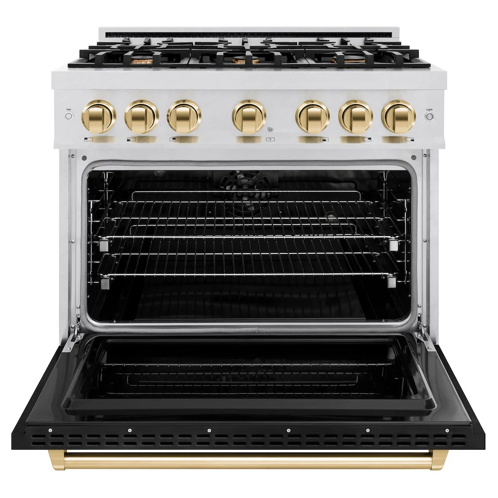 ZLINE Autograph Edition 36 in. 5.2 cu. ft. Classic Dual Fuel Range with 6 Burner Gas Cooktop and Electric Convection Oven in Satin Stainless Steel with Polished Gold Accents (CDRSZ-36-G)