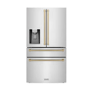 ZLINE Autograph Edition 36 in. 21.6 cu. ft. Counter-Depth French Door Refrigerator with Water and Ice Dispenser in Fingerprint-Resistant Stainless Steel with Champagne Bronze Traditional Handles (RFMZ-W-36-CB)