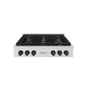 ZLINE Autograph Edition 36 in. Paramount Gas Rangetop with 6 Burners and Porcelain Cooktop in Satin Stainless Steel with Matte Black Accents (SRTSZ-36-MB)