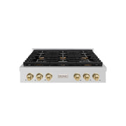 ZLINE Autograph Edition 36 in. Paramount Gas Rangetop with 6 Burners and Porcelain Cooktop in Stainless Steel with Champagne Bronze Accents (SRTZ-36-CB)