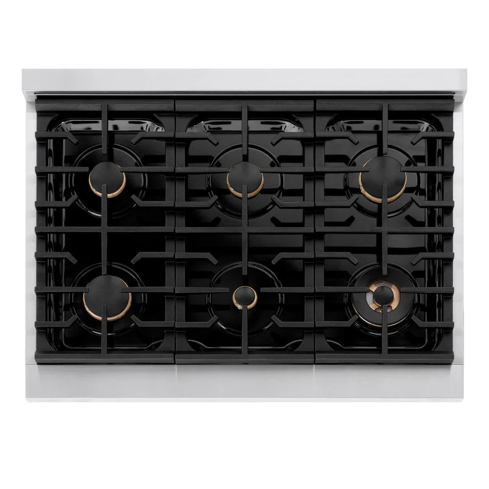 ZLINE Autograph Edition 36 in. Paramount Gas Rangetop with 6 Burners and Porcelain Cooktop in Stainless Steel with Champagne Bronze Accents (SRTZ-36-CB)